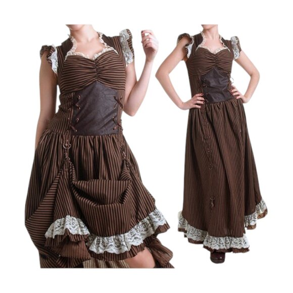 Banned Apparel Brown Long Maxi Black Striped Steampunk Corset Dress - 2XL - Picture 7 of 11